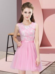 Fitting Tulle Sleeveless Mini Length Dama Dress for Quinceanera and Lace