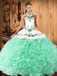  Apple Green Ball Gowns Halter Top Sleeveless Fabric With Rolling Flowers Floor Length Lace Up Embroidery Ball Gown Prom Dress