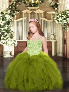 High Class Floor Length Lace Up Party Dress Wholesale Olive Green for Party and Quinceanera with Appliques and Ruffles