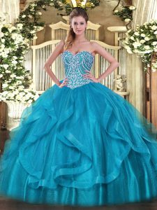 Graceful Baby Blue Lace Up Sweetheart Beading and Ruffles Quinceanera Dress Organza Sleeveless