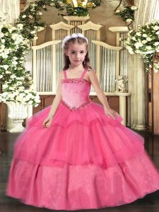 Custom Made Straps Sleeveless Lace Up Girls Pageant Dresses Hot Pink Organza