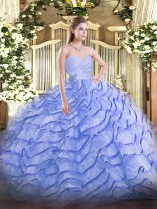  Organza Sleeveless Quince Ball Gowns Brush Train and Beading and Ruffled Layers