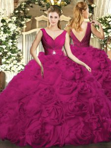 Clearance Fuchsia Ball Gowns Beading 15 Quinceanera Dress Backless Fabric With Rolling Flowers Sleeveless Floor Length