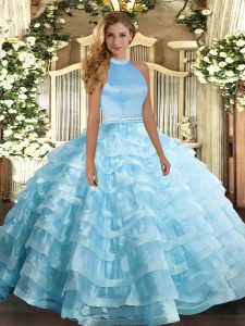  Floor Length Backless Ball Gown Prom Dress Baby Blue for Military Ball and Sweet 16 and Quinceanera with Beading and Ruffled Layers
