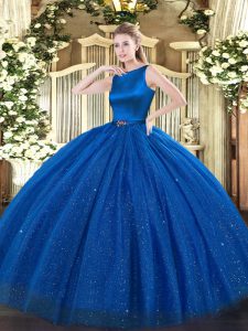 Tulle Scoop Sleeveless Clasp Handle Belt Ball Gown Prom Dress in Blue
