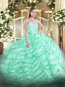  Sleeveless Organza Brush Train Lace Up Sweet 16 Quinceanera Dress in Apple Green with Beading and Ruffled Layers
