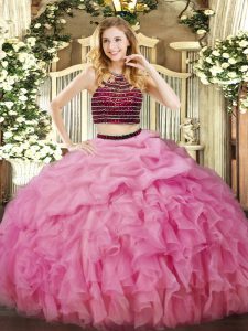  Floor Length Ball Gowns Sleeveless Rose Pink Quince Ball Gowns Zipper