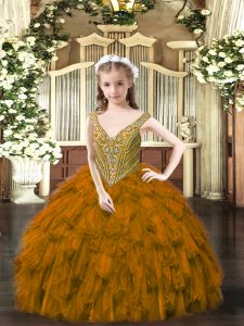  Beading and Ruffles Kids Pageant Dress Brown Lace Up Sleeveless Floor Length