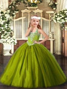  Olive Green Tulle Lace Up Party Dress Wholesale Sleeveless Floor Length Beading