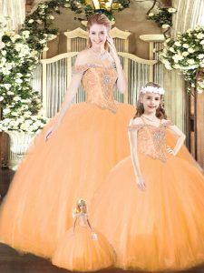  Floor Length Orange Quinceanera Dresses Tulle Sleeveless Beading