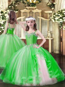  Tulle Lace Up Straps Sleeveless Floor Length Little Girls Pageant Gowns Beading