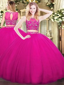 Affordable Fuchsia Two Pieces Tulle High-neck Sleeveless Beading Floor Length Zipper Sweet 16 Dresses