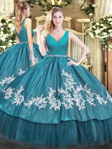 Fitting Sleeveless Tulle Floor Length Zipper Sweet 16 Dresses in Teal with Beading and Appliques