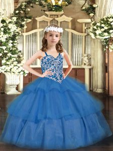 Trendy Baby Blue Organza Lace Up Kids Formal Wear Sleeveless Floor Length Beading and Ruffled Layers