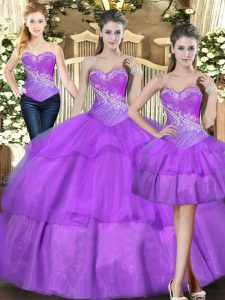 Perfect Sleeveless Tulle Floor Length Lace Up Quince Ball Gowns in Eggplant Purple with Beading and Ruffled Layers