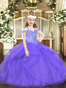 Exquisite Lavender Ball Gowns Beading and Ruffles Little Girls Pageant Dress Wholesale Lace Up Tulle Sleeveless Floor Length