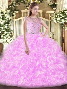  Lilac Tulle Zipper Bateau Sleeveless Floor Length Quince Ball Gowns Beading and Ruffles