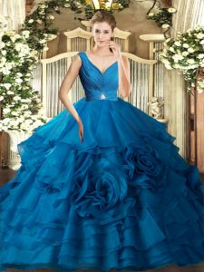 Modern V-neck Sleeveless Organza Quince Ball Gowns Beading and Ruffles Backless