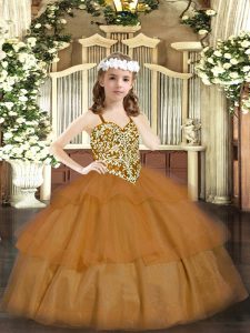  Brown Straps Neckline Beading and Ruffled Layers Pageant Gowns For Girls Sleeveless Lace Up