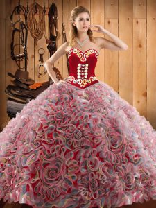 Artistic With Train Multi-color 15th Birthday Dress Satin and Fabric With Rolling Flowers Sweep Train Sleeveless Embroidery