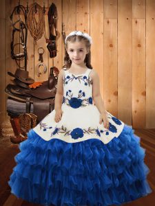 High Quality Floor Length Blue Kids Pageant Dress Straps Sleeveless Lace Up