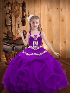  Eggplant Purple Ball Gowns Embroidery and Ruffles Kids Formal Wear Lace Up Organza Sleeveless Floor Length