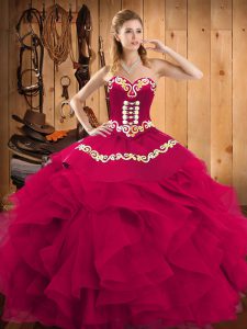 Floor Length Lace Up Quince Ball Gowns Fuchsia for Military Ball and Sweet 16 and Quinceanera with Embroidery and Ruffles