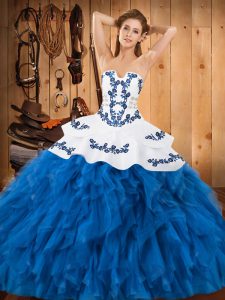 Simple Blue And White Lace Up Sweet 16 Quinceanera Dress Embroidery and Ruffles Sleeveless Floor Length