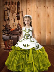 Cute Olive Green Ball Gowns Embroidery and Ruffles Party Dress for Girls Lace Up Organza Sleeveless Floor Length