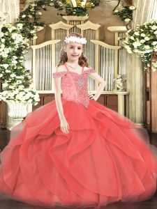  Coral Red Lace Up Off The Shoulder Beading and Ruffles Little Girls Pageant Dress Tulle Sleeveless