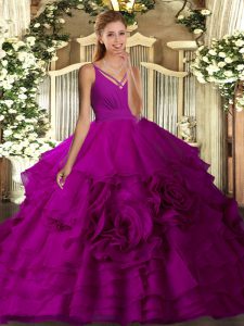 Dramatic Fuchsia Organza Backless V-neck Sleeveless Floor Length Quinceanera Gowns Beading and Ruffled Layers