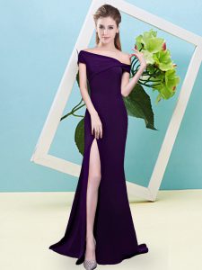 Gorgeous Dark Purple Zipper Off The Shoulder Ruching Dama Dress for Quinceanera Elastic Woven Satin Sleeveless