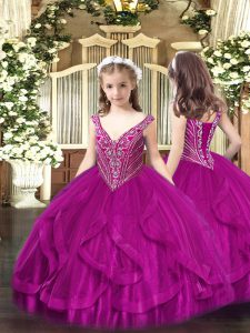  Fuchsia Lace Up V-neck Beading and Ruffles Kids Pageant Dress Tulle Sleeveless