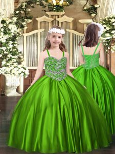 Popular Floor Length Green Girls Pageant Dresses Satin Sleeveless Beading