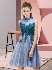 Glamorous Knee Length Empire Sleeveless Blue Court Dresses for Sweet 16 Lace Up