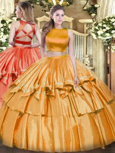 High Quality Orange Criss Cross High-neck Ruffled Layers Quinceanera Gowns Tulle Sleeveless