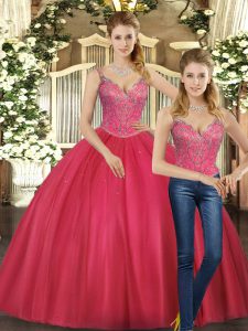 Hot Pink Two Pieces Beading 15th Birthday Dress Lace Up Tulle Sleeveless Floor Length