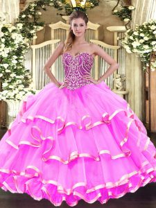  Floor Length Rose Pink Quinceanera Gown Organza Sleeveless Beading and Ruffled Layers