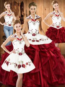 Discount Sleeveless Floor Length Embroidery and Ruffles Lace Up Sweet 16 Quinceanera Dress with Wine Red