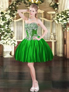 Nice Green Ball Gowns Beading Prom Dresses Lace Up Satin Sleeveless Mini Length