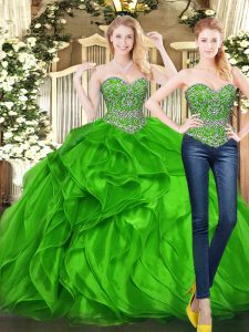 Custom Fit Green Sweetheart Lace Up Beading and Ruffles Quinceanera Gowns Sleeveless