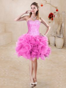On Sale Beading and Ruffles Prom Gown Rose Pink Lace Up Sleeveless Mini Length