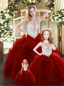 Pretty Sleeveless Tulle Floor Length Lace Up Quinceanera Gowns in Wine Red with Beading and Ruffles