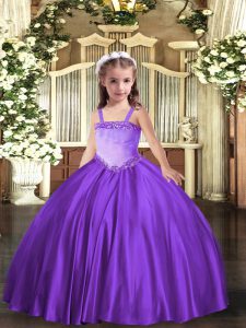  Lavender Sleeveless Floor Length Appliques Lace Up Pageant Gowns For Girls