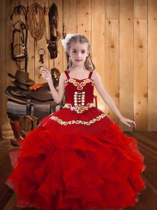 Inexpensive Organza Straps Sleeveless Lace Up Embroidery and Ruffles Little Girls Pageant Dress in Red