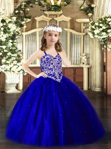 Excellent Royal Blue Child Pageant Dress Party and Quinceanera with Beading V-neck Sleeveless Lace Up