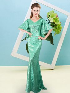 Vintage Sequined V-neck Half Sleeves Zipper Sequins Prom Dress in Turquoise