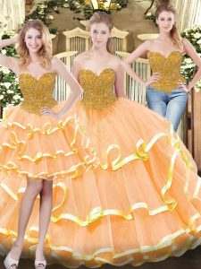 Fashion Sleeveless Tulle Floor Length Lace Up Vestidos de Quinceanera in Peach with Beading and Ruffled Layers