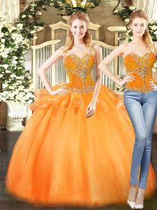 Comfortable Orange Red Lace Up Quinceanera Dresses Beading and Ruffles Sleeveless Floor Length