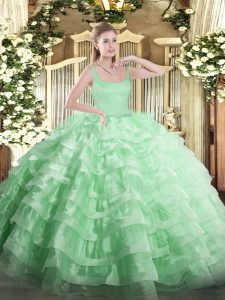 Designer Apple Green Zipper Quince Ball Gowns Beading and Ruffled Layers Sleeveless Floor Length